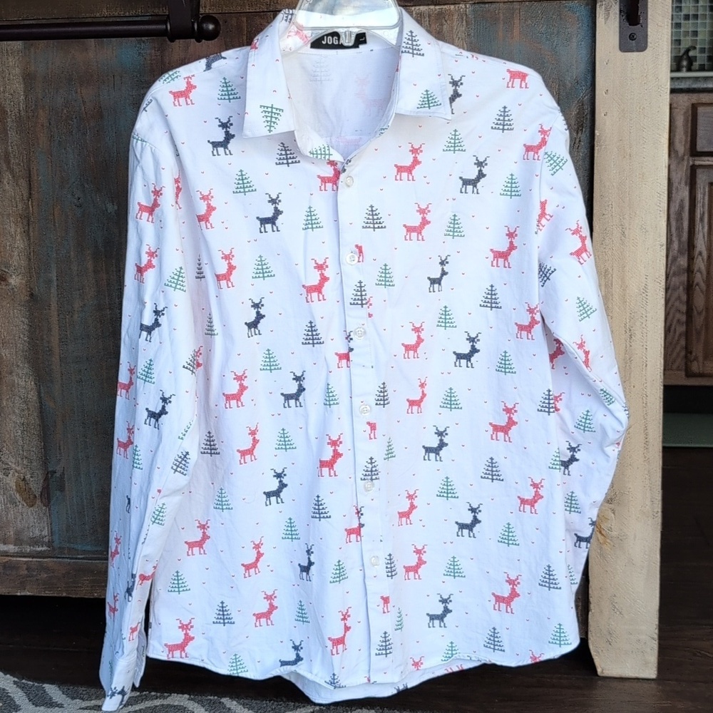 Jogal Christmas Tree & Reindeer Print Button Down Cotton Shirt - Men's Large